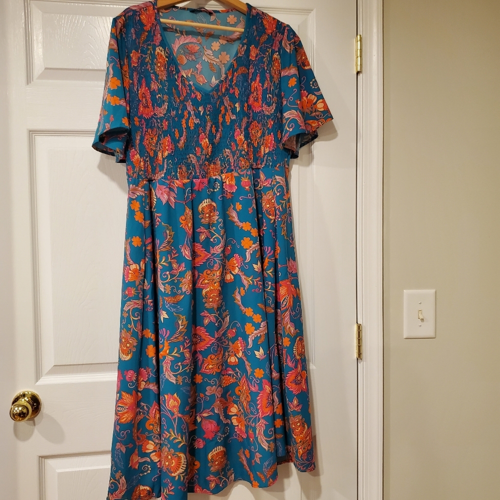 BloomChic Teal and Coral Dress With Huge Pockets
